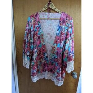 Umgee Open Front Crochet Hen Cardigan Colorful Hippie Boho Plus Size 2XL